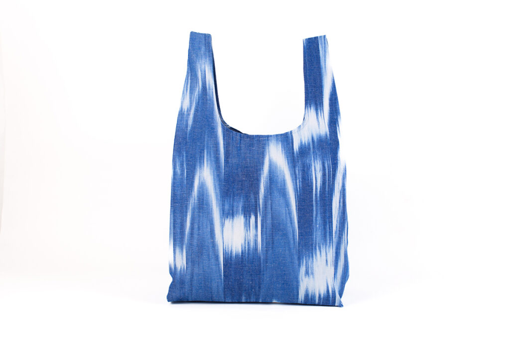 Reusable indigo blue fabric bag with ikat pattern